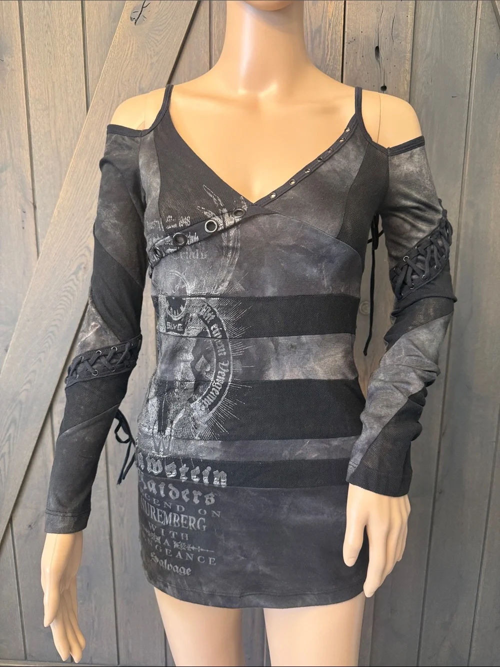 Salvage Black & Charcoal Cold-Shoulder Graphic Mini Dress - Picture 1 of 4